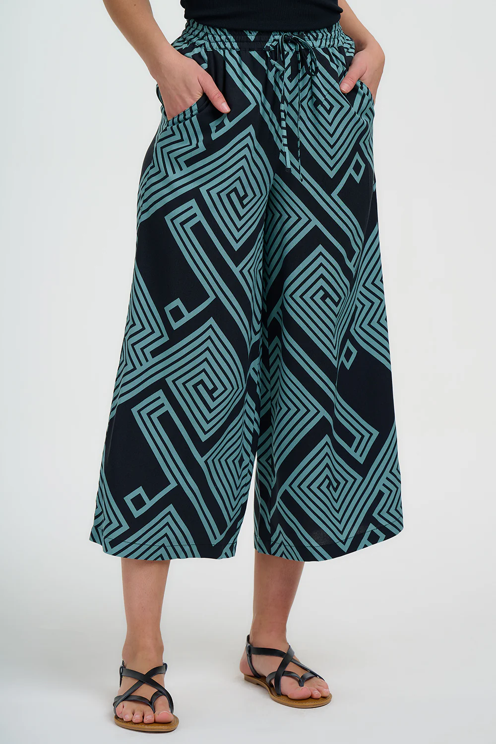 Ameera Cropped Wide Leg Trousers - Black/Green, Geometric Lines - Image 4