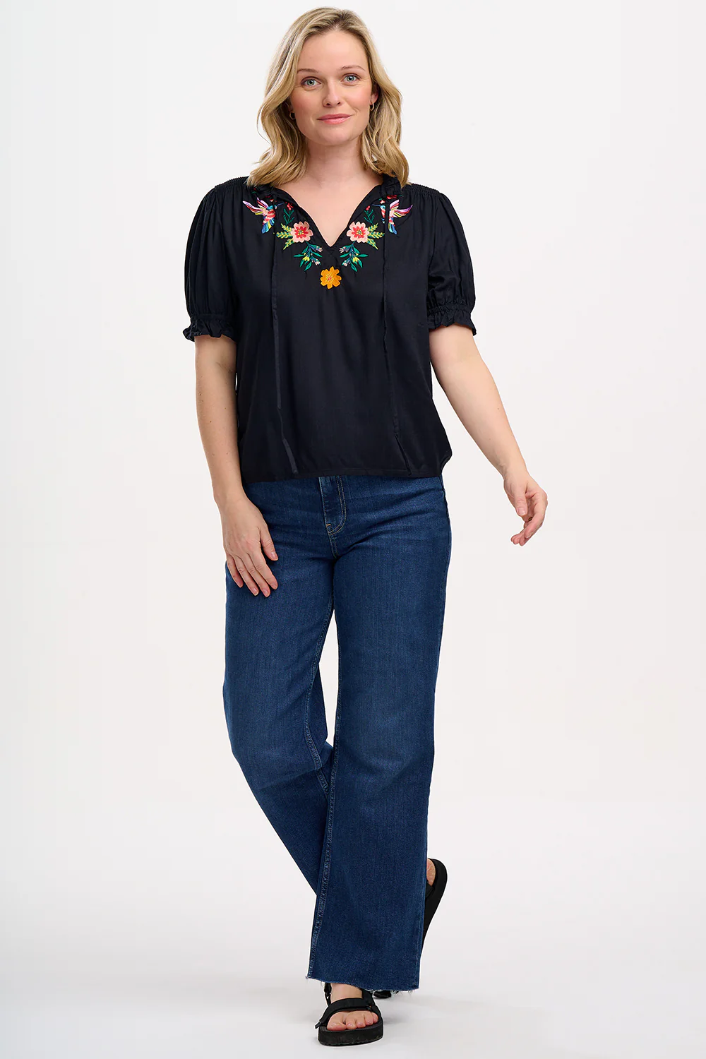 Angelique Shirred Top - Black, Tropical Hummingbird - Image 3
