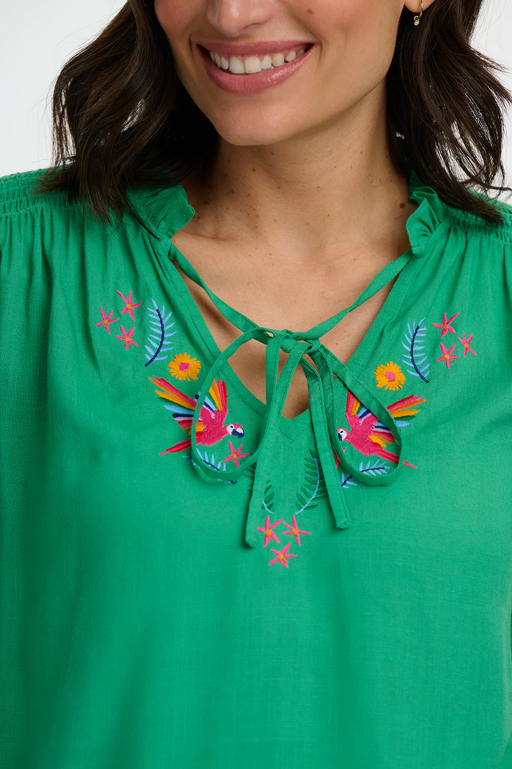 Angelique Shirred Top - Green, Rainbow Parrots Embroidery - Image 3