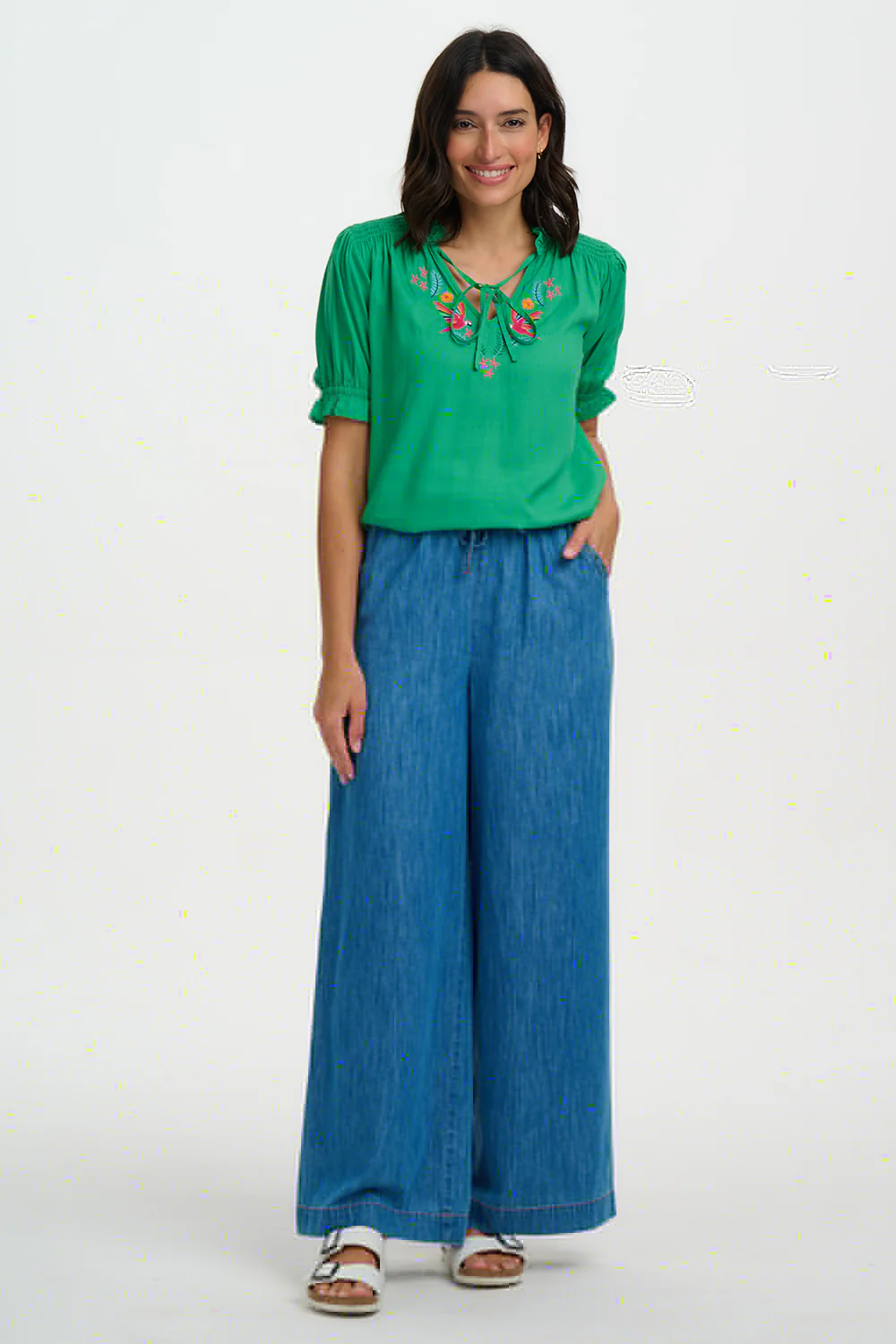 Angelique Shirred Top - Green, Rainbow Parrots Embroidery - Image 4