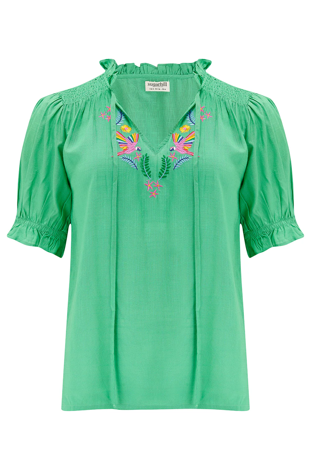 Angelique Shirred Top - Green, Rainbow Parrots Embroidery - Image 8