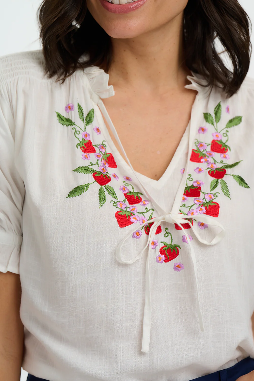 Angelique Shirred Top - Off White, Wild Strawberry - Image 3