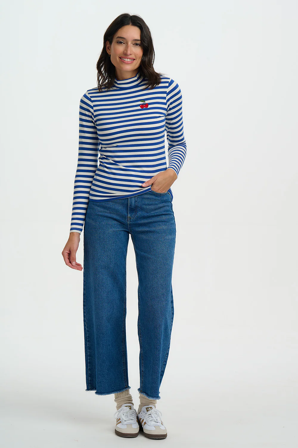 Annika Turtleneck Jersey Top - Off White/Blue, Cherry - Image 4