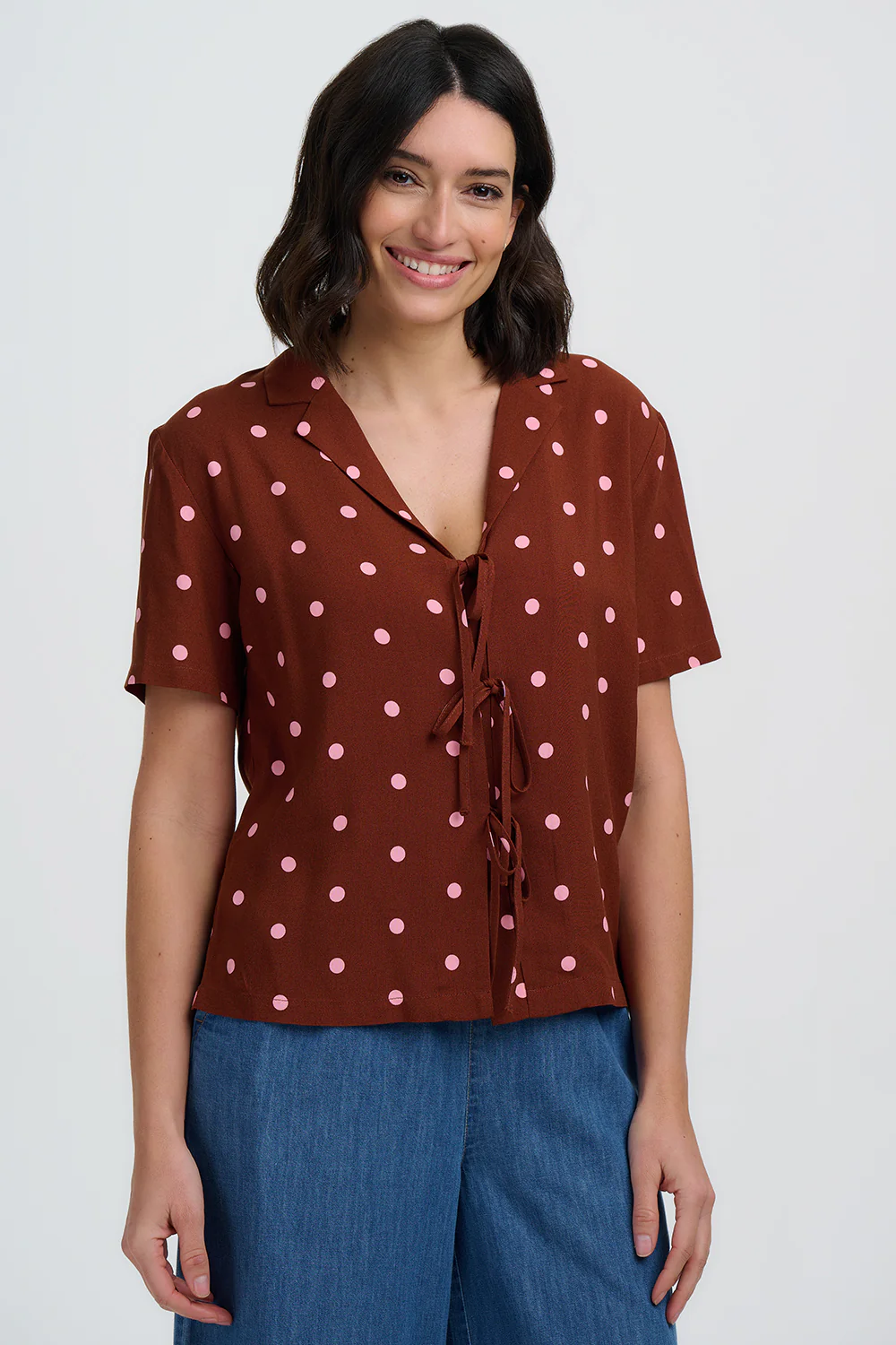 Ariel Shirt - Brown, Pink Polka
