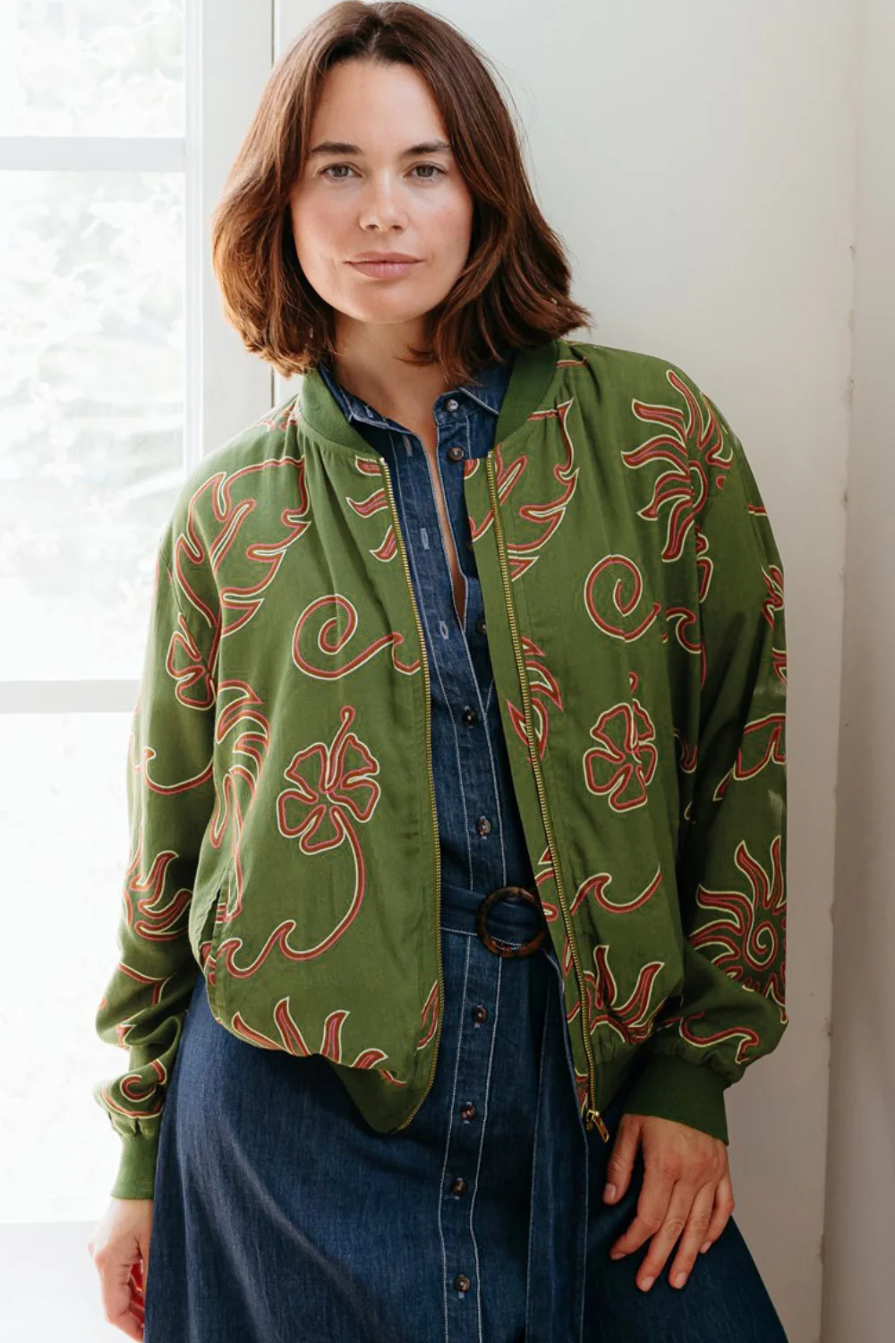 Bobbi Bomber Jacket - Khaki, Tropical Line Drawing