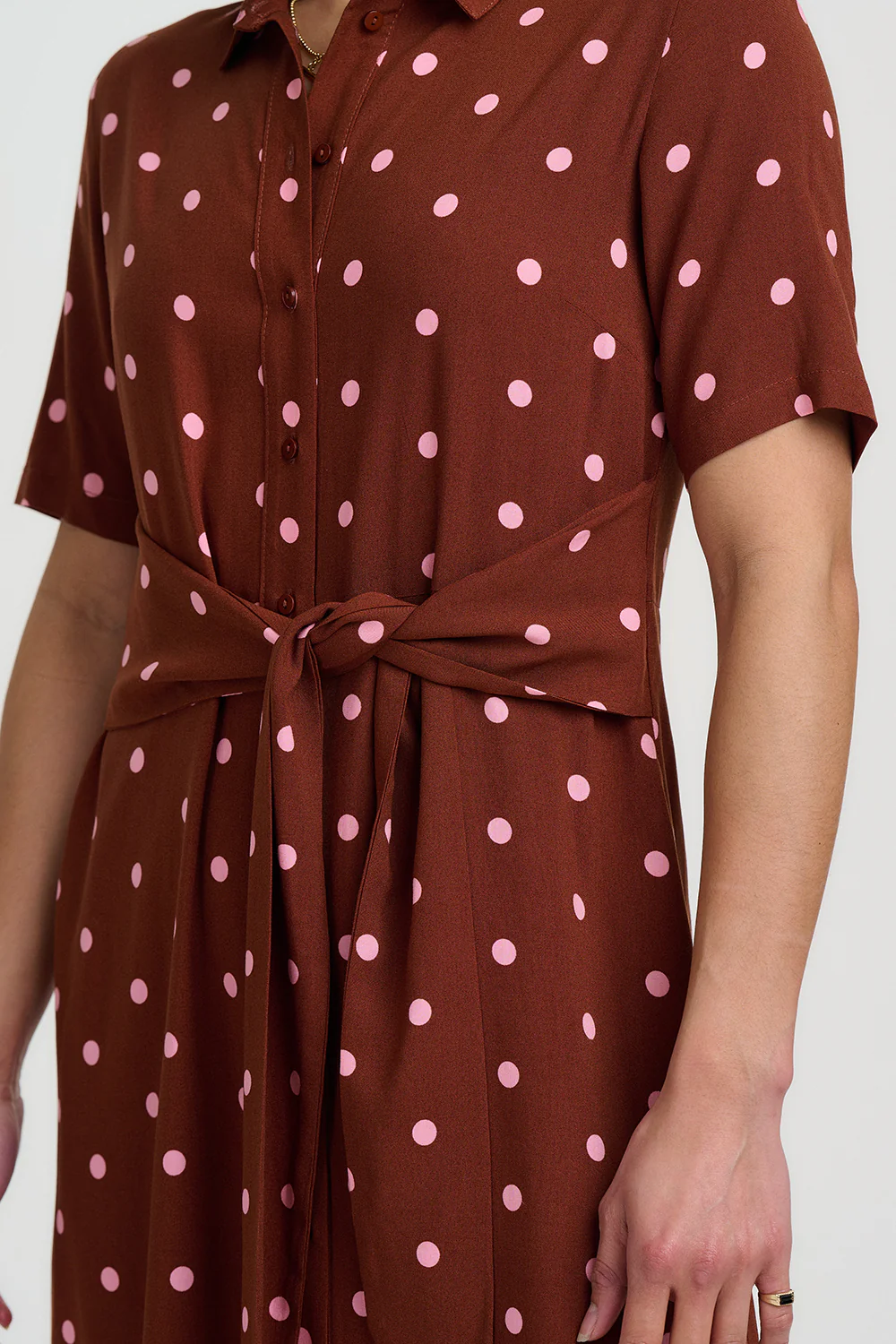 Celeste Midi Shirt Dress - Brown, Pink Polka - Image 3