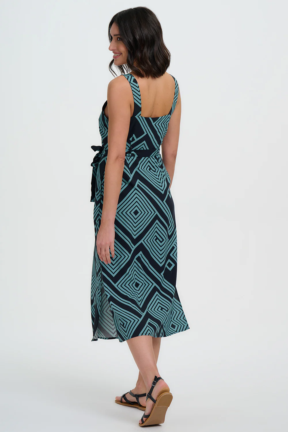 Elva Midi Sundress - Black/Green, Geometric Lines - Image 4