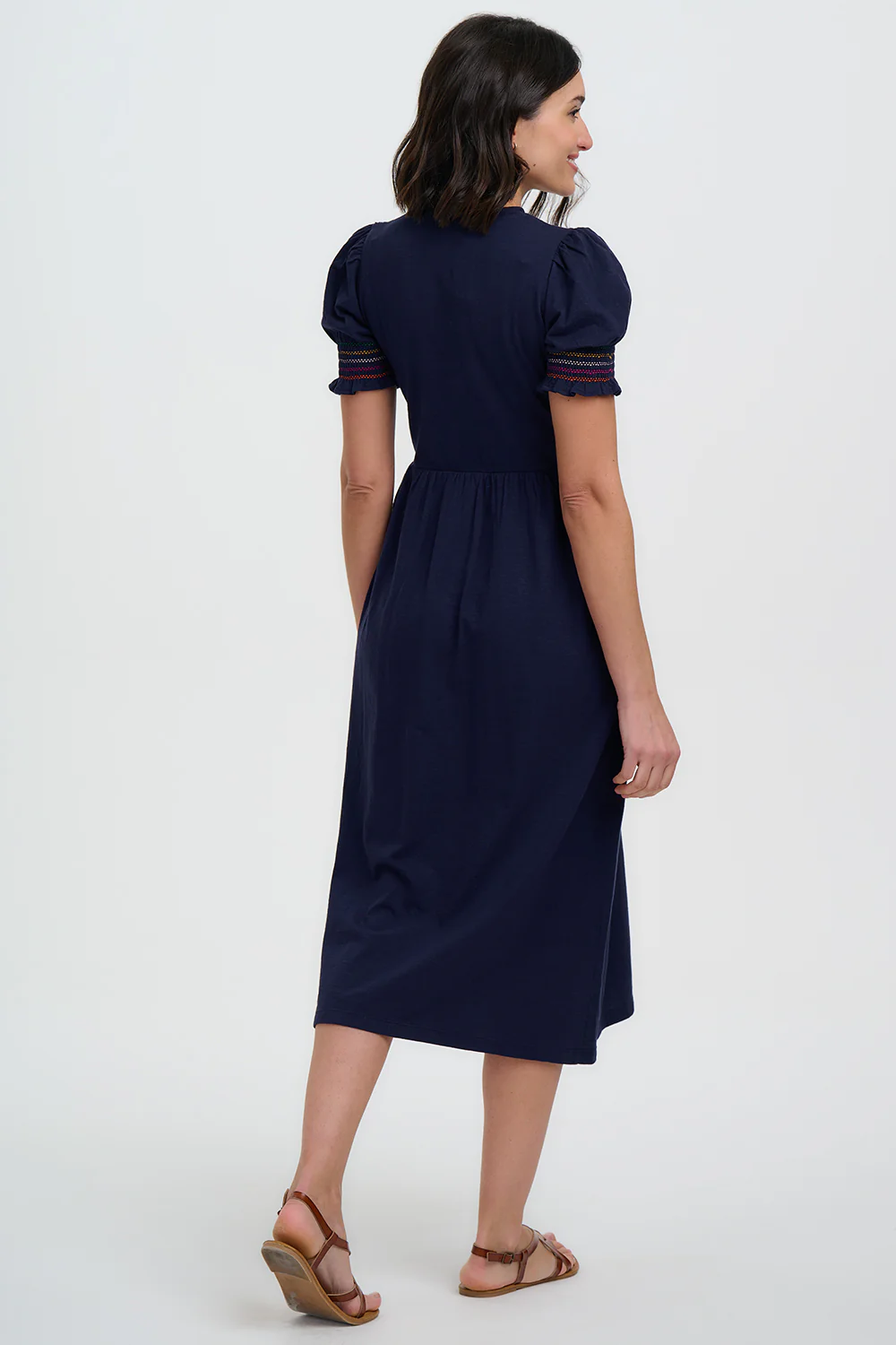 Esme Jersey Midi Dress - Navy, Tropic Palm Embroidery - Image 5