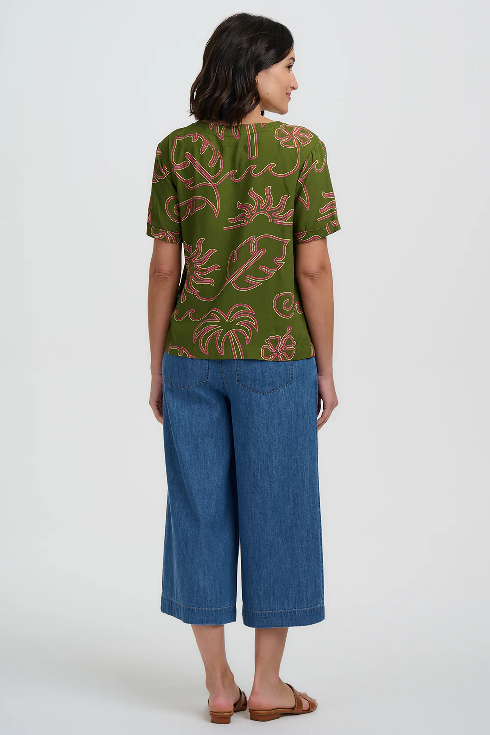 Hatty V-Neck Shirt - Khaki, Tropical Line Drawing - Image 4