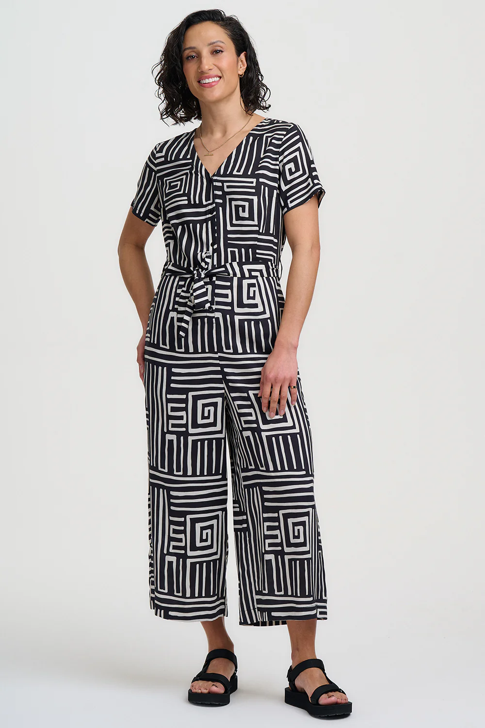 Jilly Cropped Jumpsuit - Black & White, Monochrome Maze