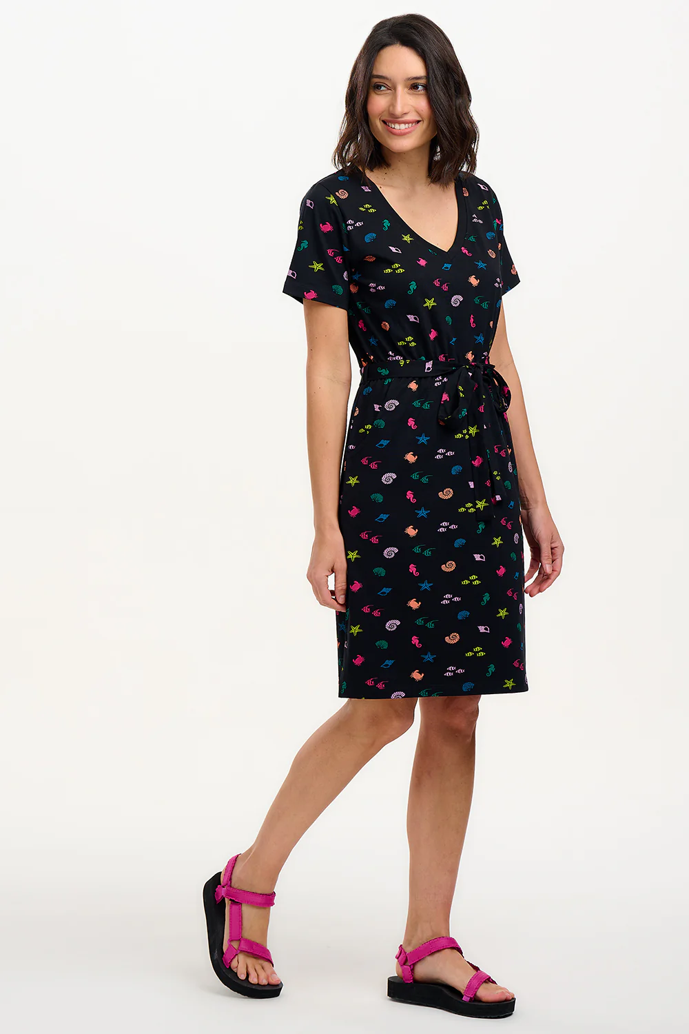 Joelle V-Neck Jersey Mini Dress - Black/Multi, Underwater Rainbow - Image 6