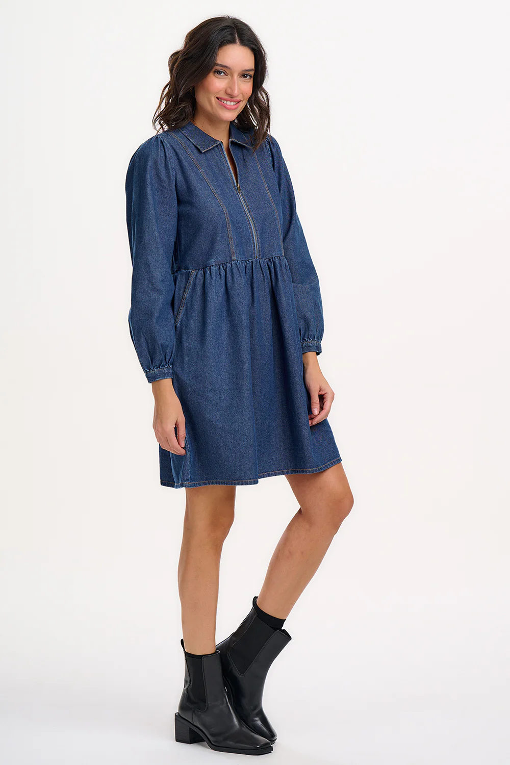 Karen Mini Smock Dress - Deep Blue Denim - Image 4
