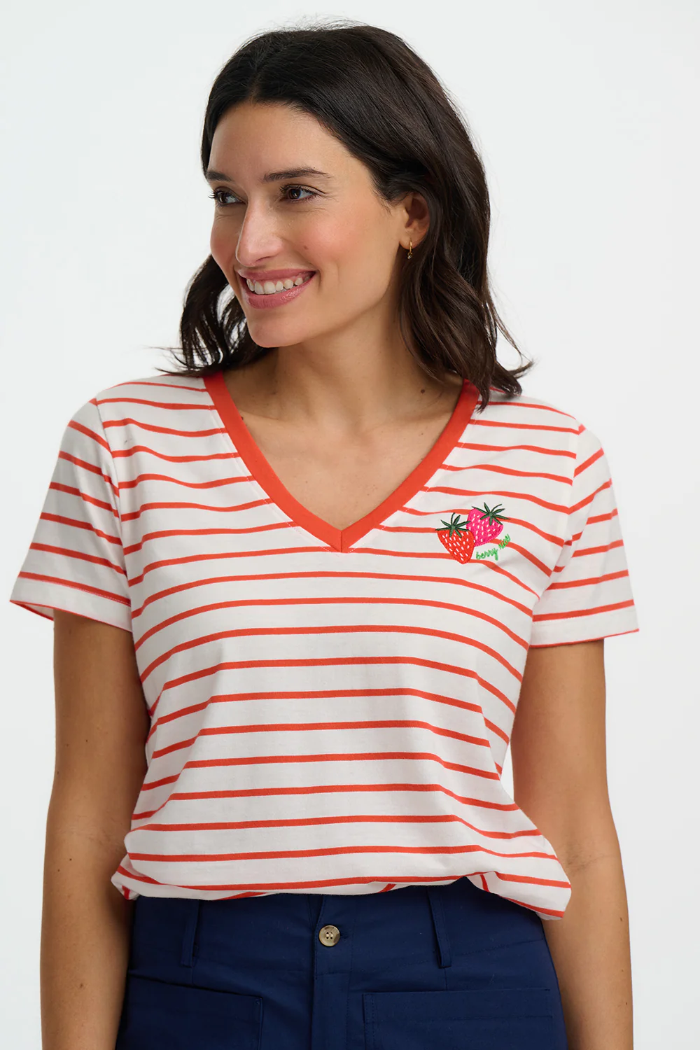 Khloe V-Neck T-Shirt - Red/Off White Stripe, Strawberry - Image 3