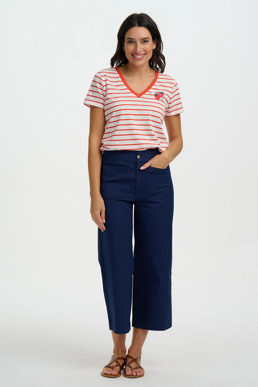 Khloe V-Neck T-Shirt - Red/Off White Stripe, Strawberry - Image 4