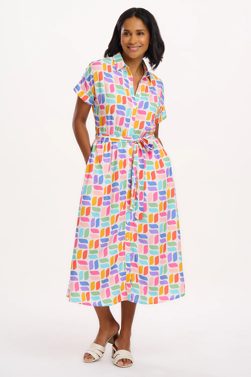 Leigh Midi Shirt Dress - Off-White, Curved Geometric - Image 3