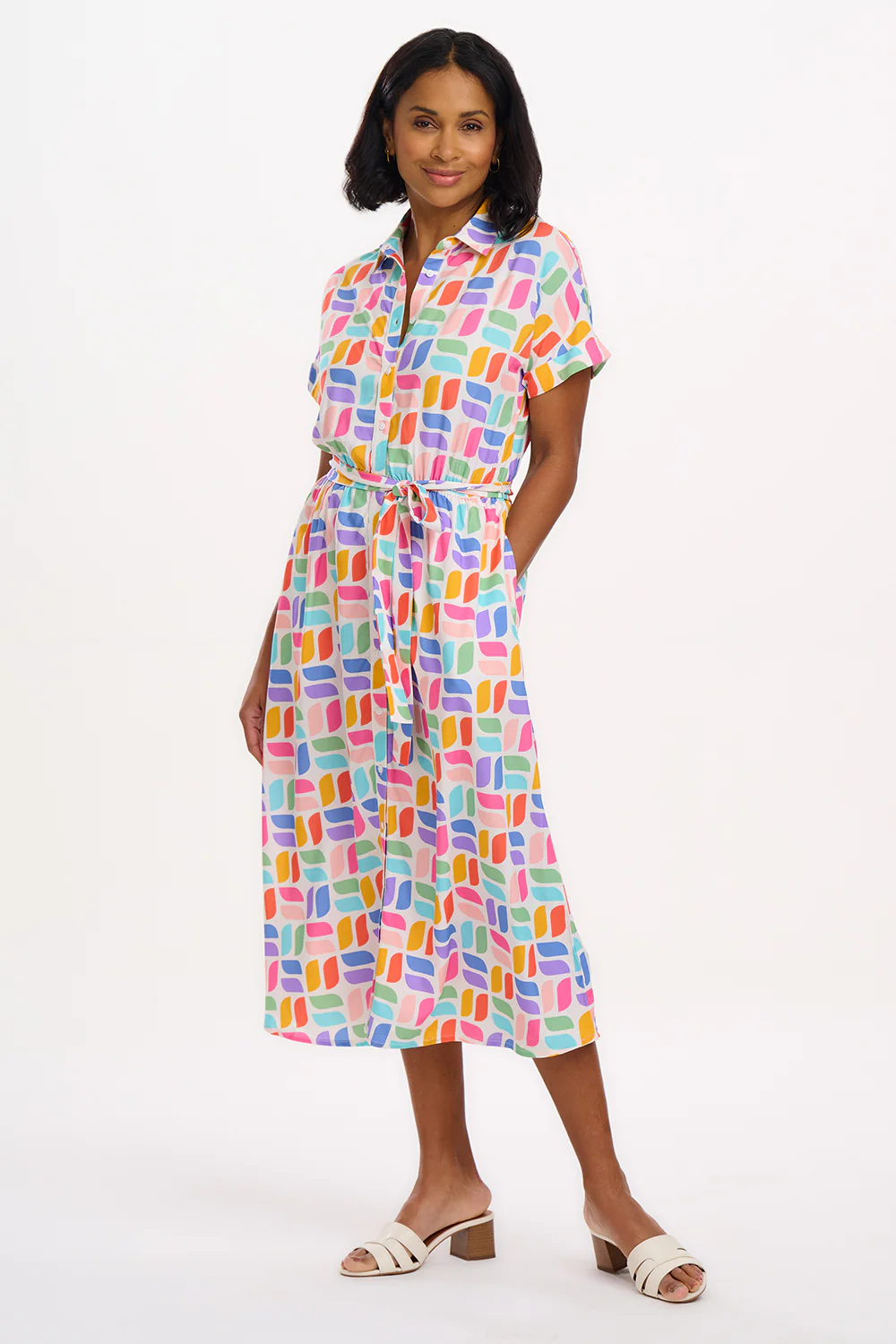 Leigh Midi Shirt Dress - Off-White, Curved Geometric - Image 4
