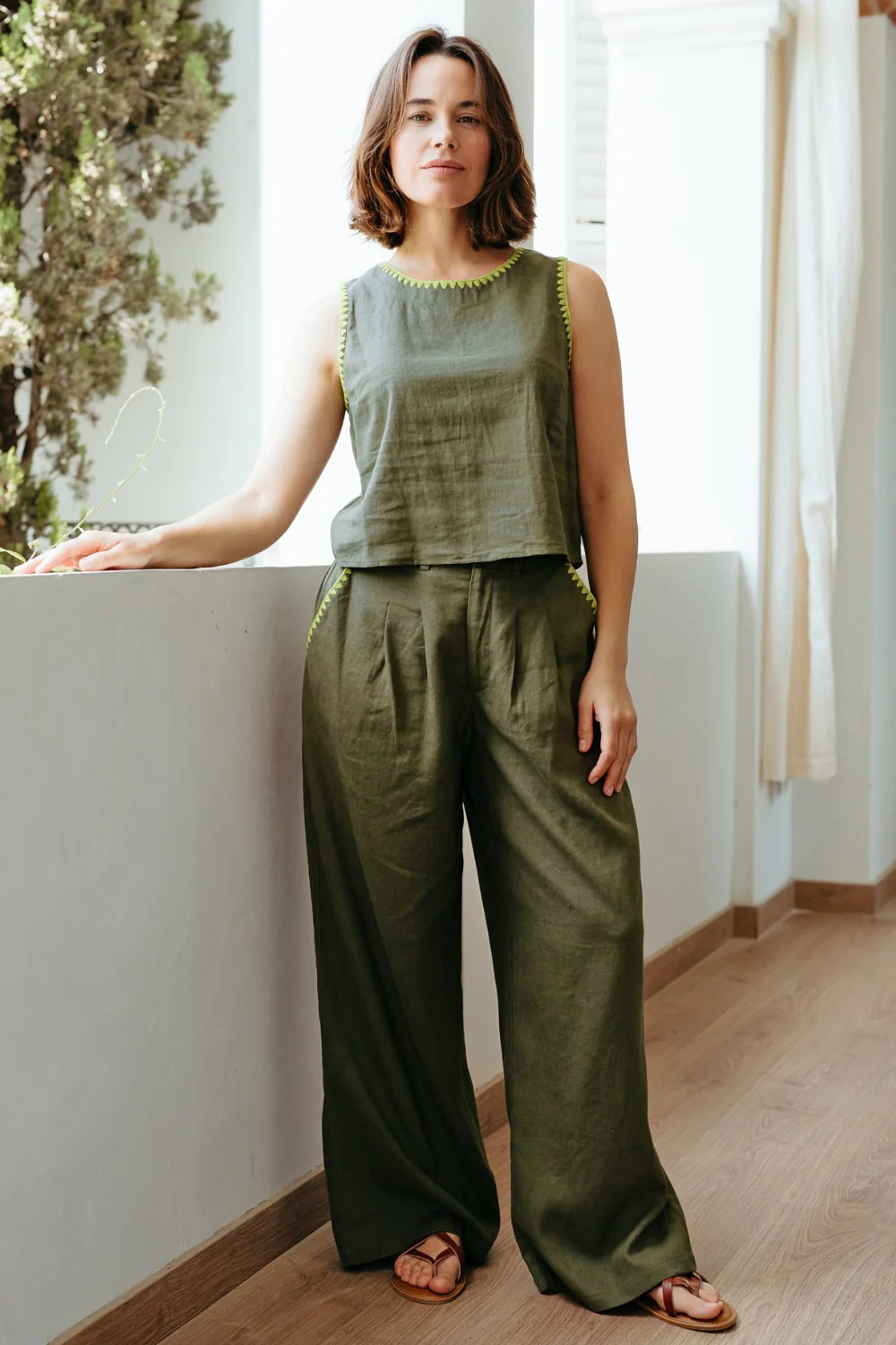 Lois Wide Leg Trousers - Olive, Decorative Stitch - Image 2