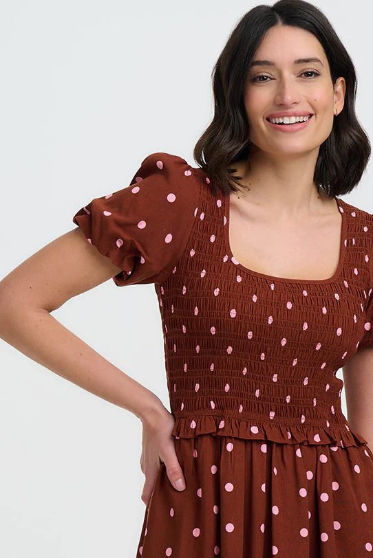 Lyra Shirred Midi Dress - Brown, Pink Polka - Image 2