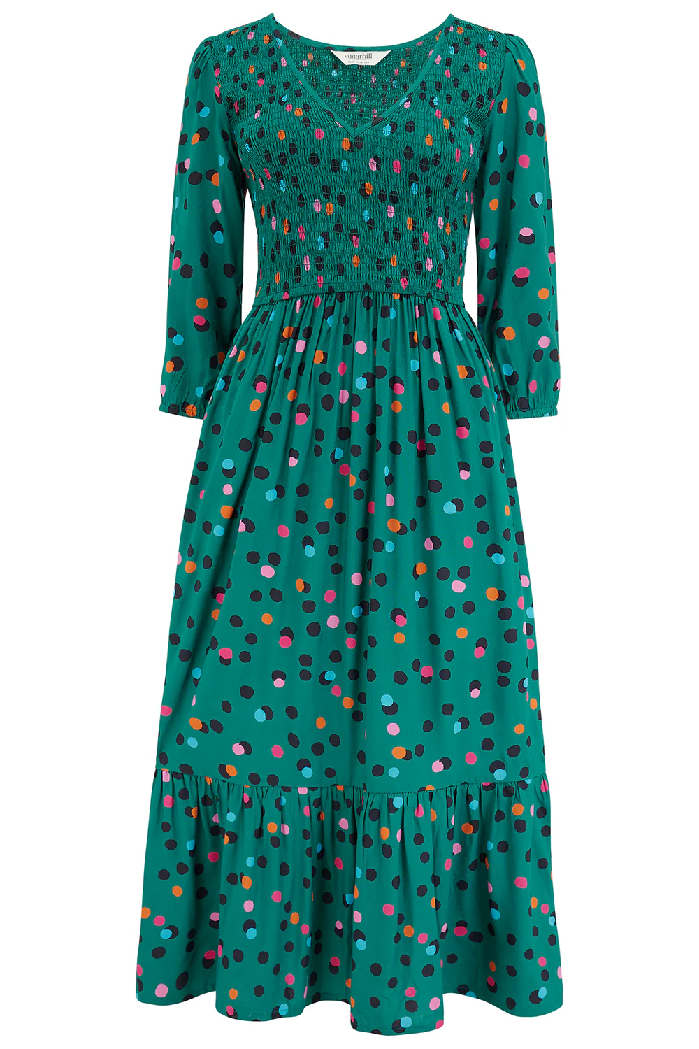 Magdalene Shirred Midi Dress - Green, Rainbow Dappled Spot - Image 4