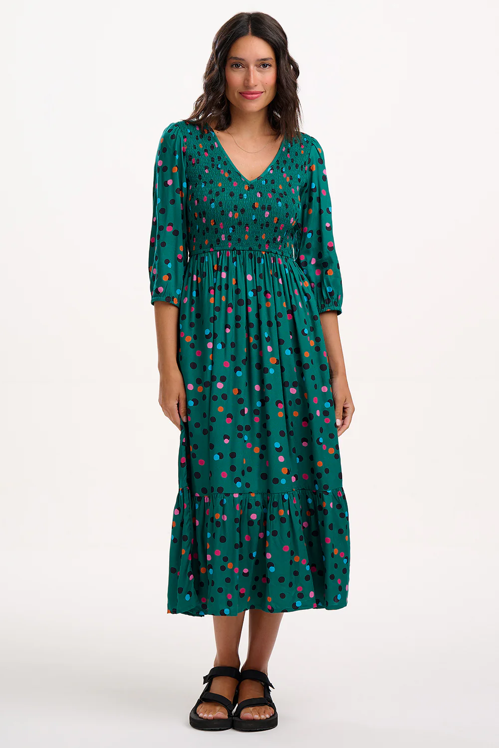 Magdalene Shirred Midi Dress - Green, Rainbow Dappled Spot - Image 5