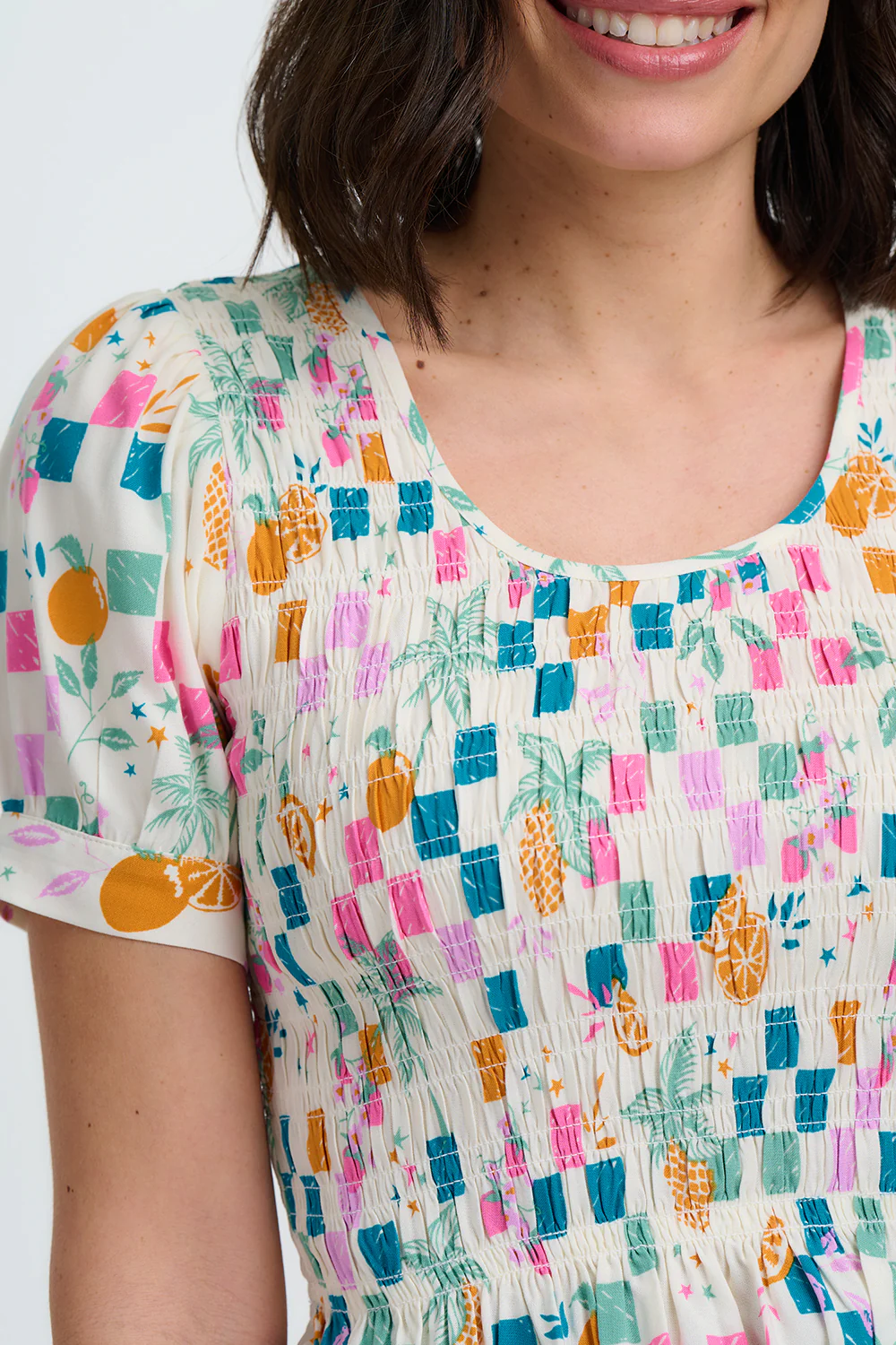 Molly Shirred Top - Off White, Fruit Checkerboard - Image 2
