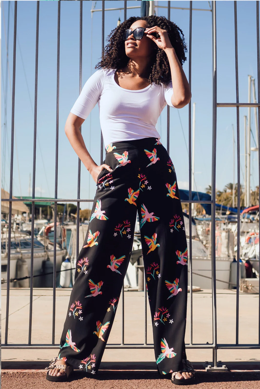 Patsy Palazzo Pants - Black, Tropical Parrots
