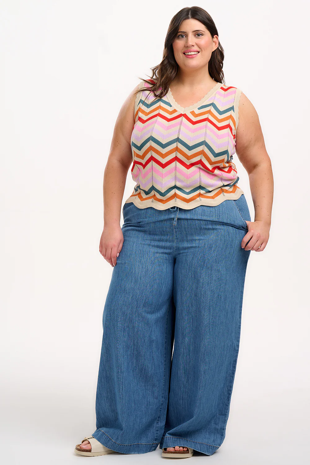 Rosy V-Neck Knit Vest - Cream, Rainbow Chevron Stripes - Image 4