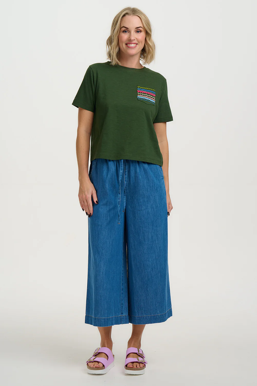 Tula Boxy T-Shirt - Olive, Aztec Embro - Image 4