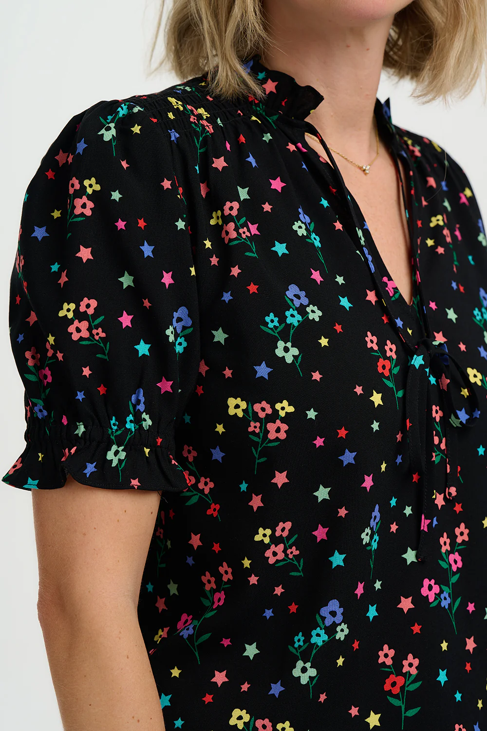 Virginia Shirred Top - Black, Rainbow Sprigs - Image 2