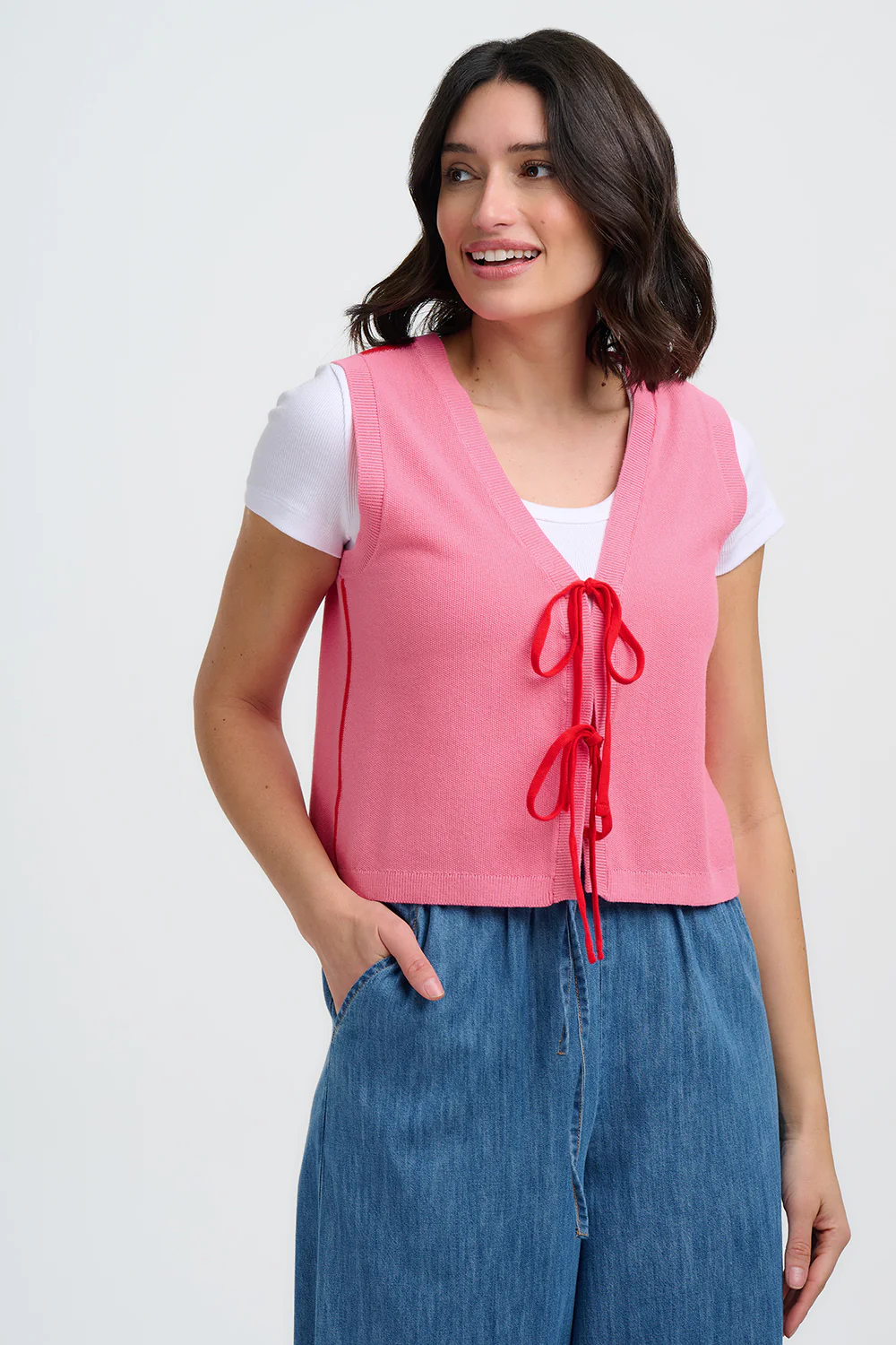 Zina Knit Vest - Pink, Red Tipping - Image 3