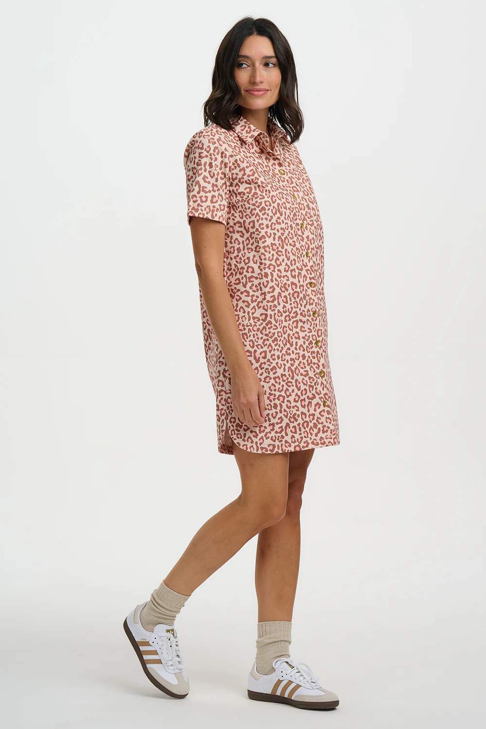 Zoe Mini Shirt Dress - Stone, Classic Leopard - Image 3